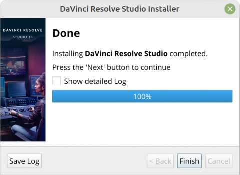 DaVinci Resolve Studio installing completed