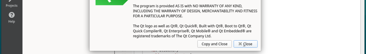 Qt Creator 13.0.0 running on a Raspberry Pi, "About Qt Creator" dialog is open