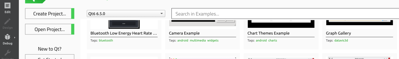 Qt Creator welcome screen, listing example Qt projects